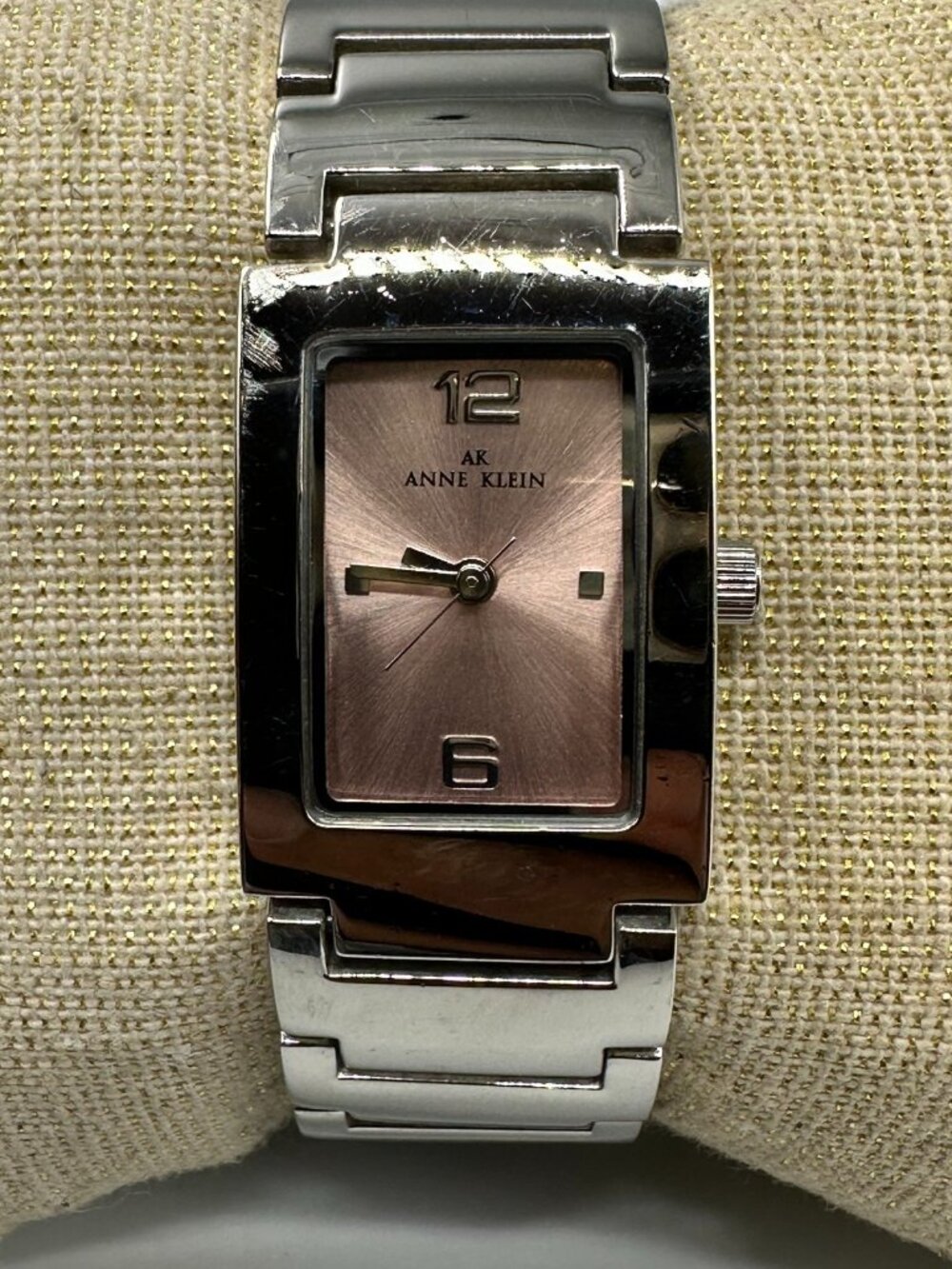 3/$30 Anne Klein Watch Women Pink Rectangle Dial Silver Tone New Battery 6.25"